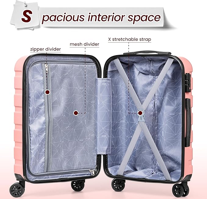 AnyZip Luggage Sets 4 Piece Hardshell Suitcase Set PC ABS Lightweight Travel Suitcases with 4 Double Spinner Wheels TSA Lock 20 24 28 32 Inch Pink