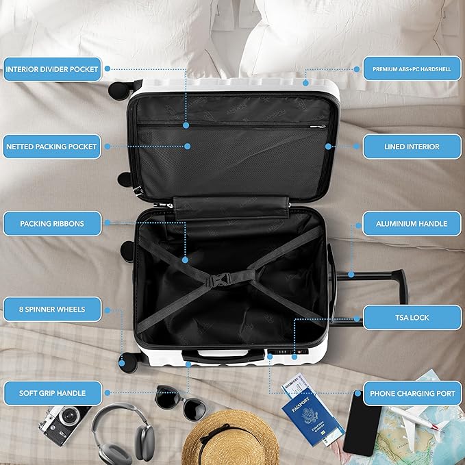 Carry On Suitcase Hardside TSA Lock & USB Port Silent Double Spinner Wheels Maximum Overhead Carry-On Bag Approved For Many Airlines( 22x18x10" ,White )