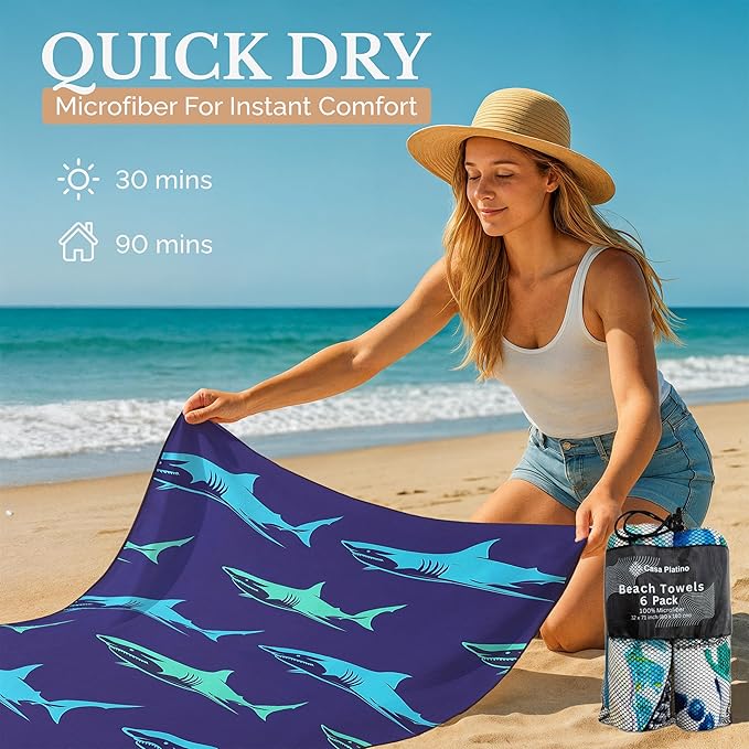 Casa Platino 6 Pack Beach Towels Oversized – Extra Large 71"x32" Quick Dry, Sand Free Microfiber Towels, Lightweight & Soft, Double-Sided Printed Beach Towel with Bag for Travel & Camping – Muara