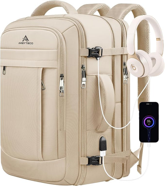 Carry On Backpack for Women, Large Travel Laptop Backpack, 50L Expandable Water Resistant Business Suitcase Daypack Big Bag Fits 17 Inch Laptop, Travel Gifts for Women, Beige