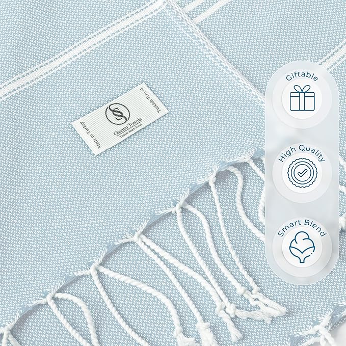 Aqua Blue Turkish Beach Towels - Absorbent & Lightweight, Extra Large (39" x 71"), Quick Dry, Versatile and Functional, Perfect as Turkish Bath Towel, Yoga Mat, Pool Towel, or Travel Blanket