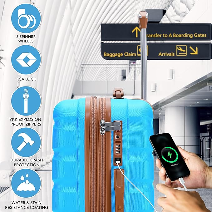 Carry On Suitcase Hardside TSA Lock & USB Port Silent Double Spinner Wheels Maximum Overhead Carry-On Bag Approved For Many Airlines( 22x18x10" ,Turquoise/Tan )