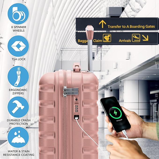 Carry On Suitcase Hardside Built In TSA Lock & USB Port Silent Double Spinner Wheels Maximum Underseat Carry-On Bag For American & United Approved Airlines( 18x14x8" ,Pink )