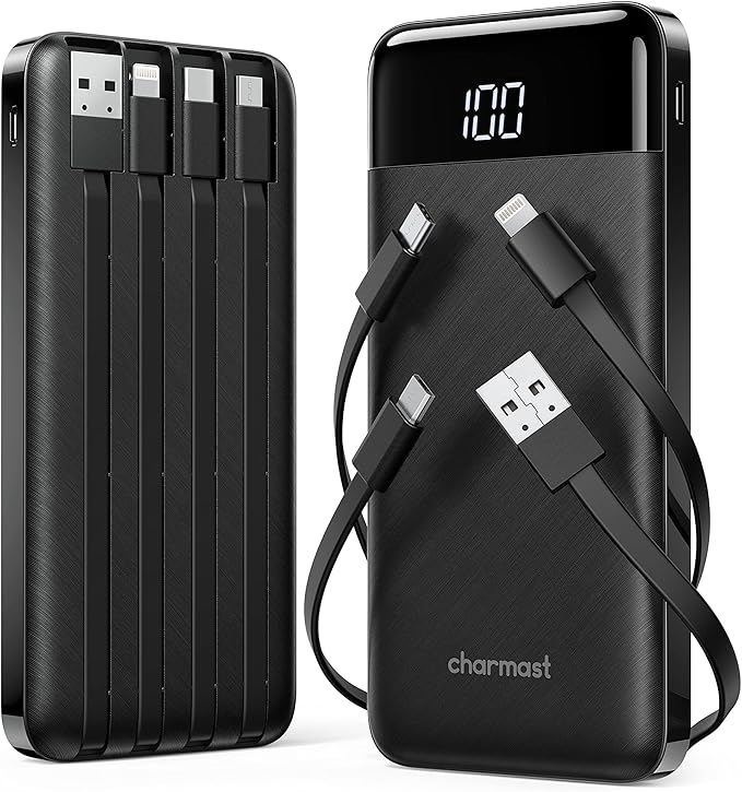 2 Packs Portable Chargers with Built in Cables, 2PCS Slim 10000mAh Travel Essentials Battery Pack 6 Outputs 3A Power Banks for iPhone Samsung Pixel LG Moto iPad
