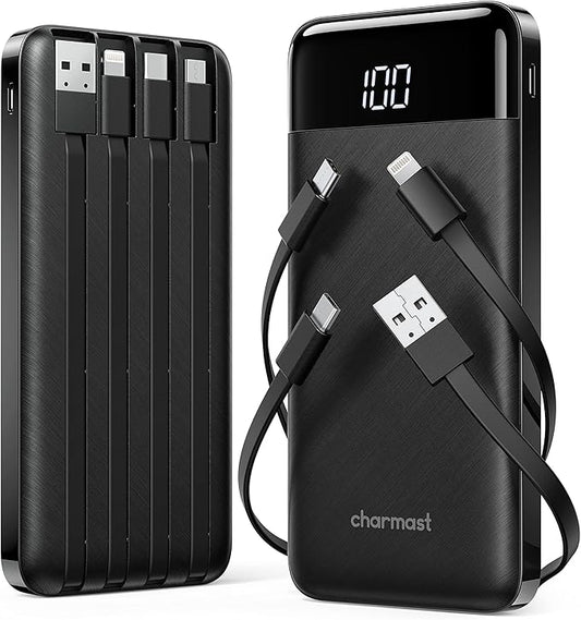 2 Packs Portable Chargers with Built in Cables, 2PCS Slim 10000mAh Travel Essentials Battery Pack 6 Outputs 3A Power Banks for iPhone Samsung Pixel LG Moto iPad