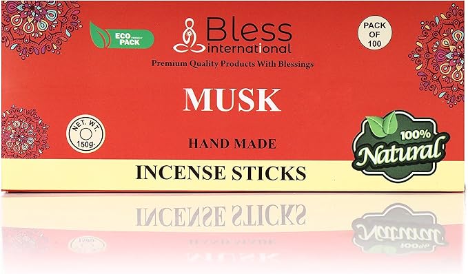 Bless-Musk 100%-Natural-Handmade-Hand-Dipped-Incense-Sticks Organic-Chemicals-Charcoal-Free Purification-Relaxation-Positivity-Yoga-Meditation Best-Woods-Scent (100 Sticks(5.25 OZ))