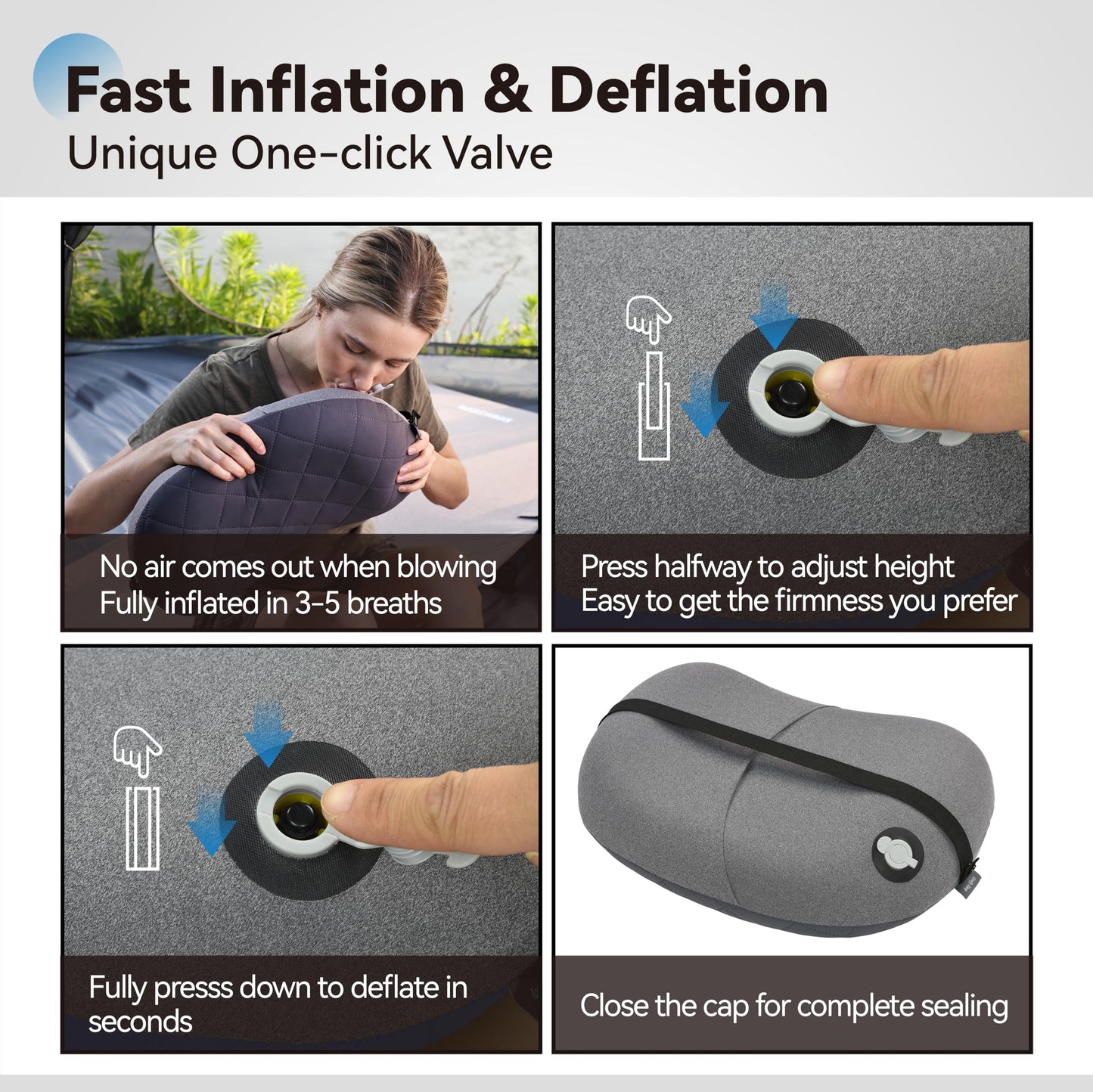 MARCHWAY Ultralight Inflatable Camping Pillow with Soft Washable Cover, Compact Compressible Portable Travel Air Pillow for Outdoor Camp, Sport, Hiking, Backpacking Sleep (Grey)