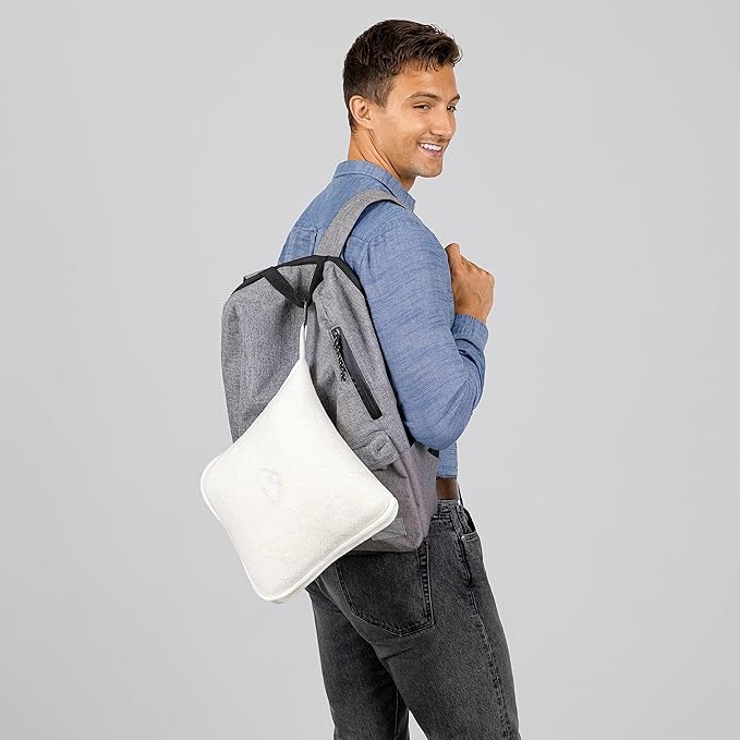 BlueHills Premium Soft Plush Travel Blanket Pillow for Airplane Traveling Essentials in a Bag Flight Throw with Backpack Clip Compact Portable Plane Accessories Ivory White - T025