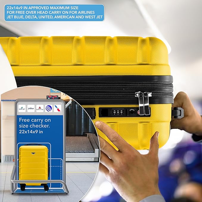 Carry On Suitcase Hardside Built In TSA Lock & USB Port Silent Double Spinner Wheels Maximum Overhead Carry-On Bag For American & United Approved Airlines( 22x14x9" ,Yellow )