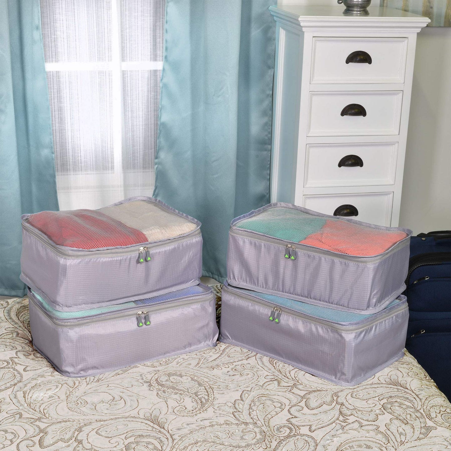 Rolling Nomad Medium Multi-Purpose Packing Cubes, Travel Accessory, Essentials, Suitcase, Cloth, Expandable Mesh, Sheet Compression Bags, 4 Pack, Grey