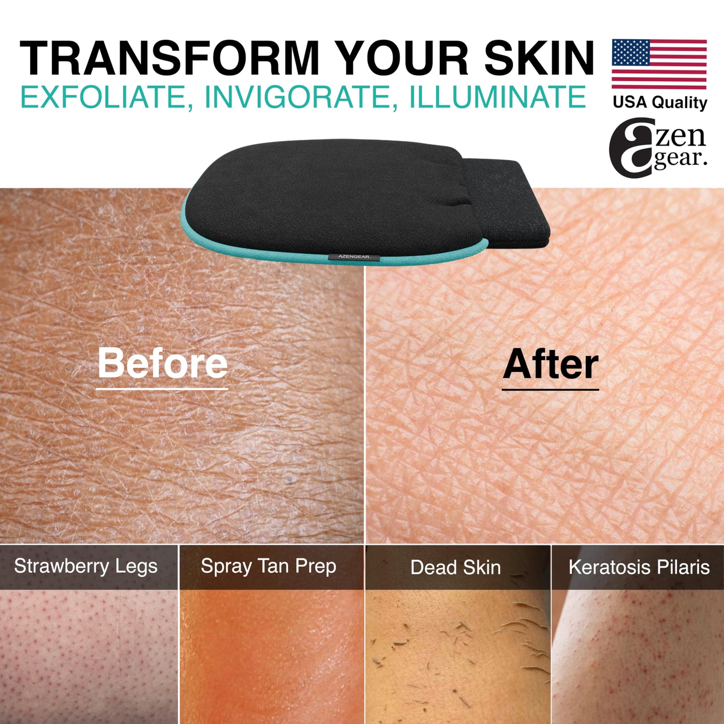 aZengear Deep Exfoliating Glove (2 Pack), Body Scrub Korean Mitt, Kessa Washcloth for Dead Skin, Spray Tan Removal, Keratosis Pilaris, Pore Cleansing, Viscose Natural Fibre