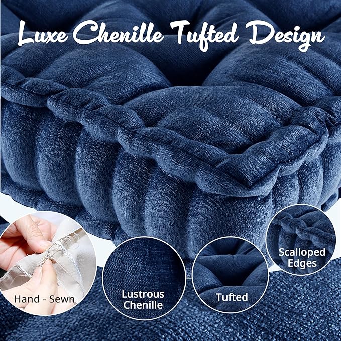 Intelligent Design Azza Floor Pillow, Large Cushions Sitting for Adults, Floor Pillow for Meditation or Yoga, Lustrous Chenille Tufted with Scalloped Edges for Bench/Chair Cushion, 20"x20"x5" Navy