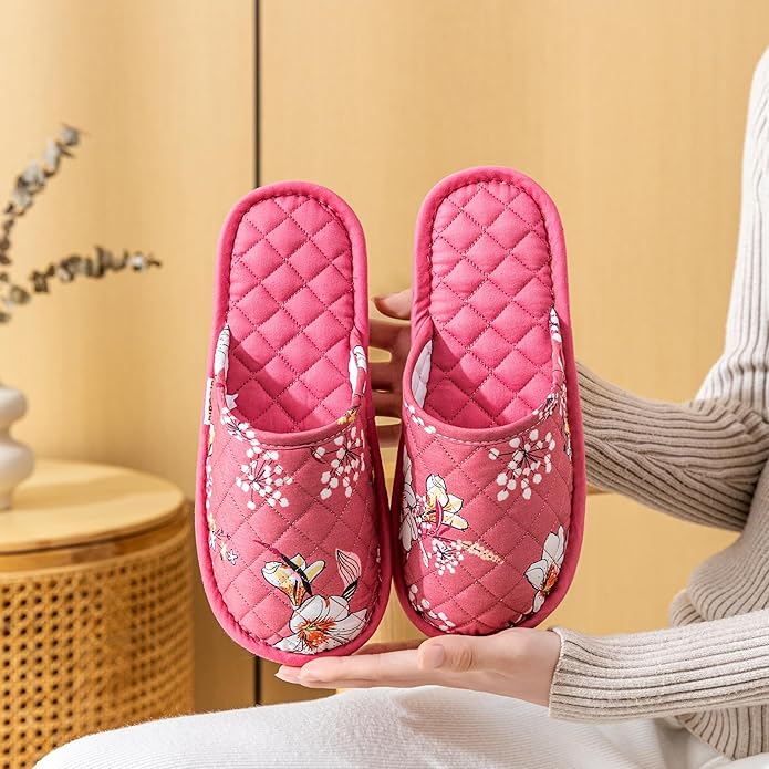 3 Pairs Floral Cotton House Slippers for Women, Open Toe Indoor Slippers Comfortable Washable Portable Foldable Guest Travel Hotel Airplane Spa Slippers