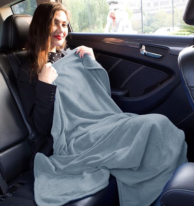 BlueHills Premium Soft Long Travel Blanket Pillow for Tall Airplane Flight Essentials Large Compact 2 in 1 Airline Throw Packable Warm Plane Traveling Comfort Accessories Grayish Blue T056