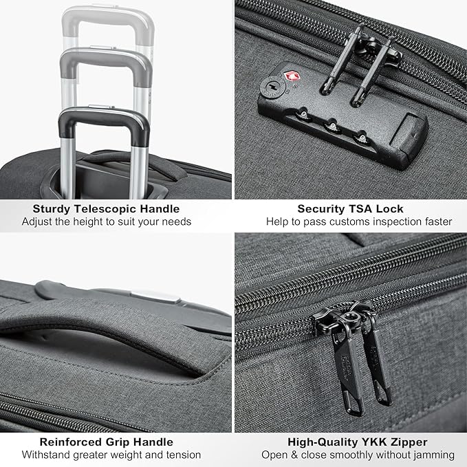 Kono 20 Inch Soft-Sided Carry-On Luggage Airline Approved 20" Spinner Wheels Lightweight Waterproof Suitcase with TSA Lock for Business Travel (Small, Black)