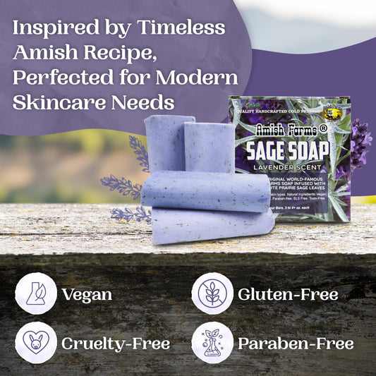 Amish Farms Sage Soap Bar, Original Recipe with Bentonite Clay, Lavender Scent – Handmade in USA, Face & Body Soap Scrub, No Parabens, No SLS, Gentle for Sensitive Skin (4 Bars)
