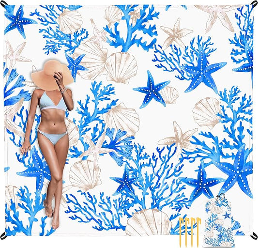 Beach Blanket Sandproof, 78”x 86” Large Waterproof Sand Free Beach Mat with 4 Stakes, Big Compact Lightweight Blue Outdoor Accessories for Beach, Picnic, Camping, Summer Vacation