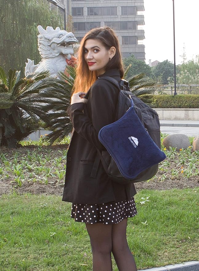 BlueHills Premium Soft 2-Pack Travel Blanket Pillows Airplane Large Plane Flight Throw Blankets for Two in Bag Compact Traveling Essentials Set Packable Warm Gifts Navy Blue T011