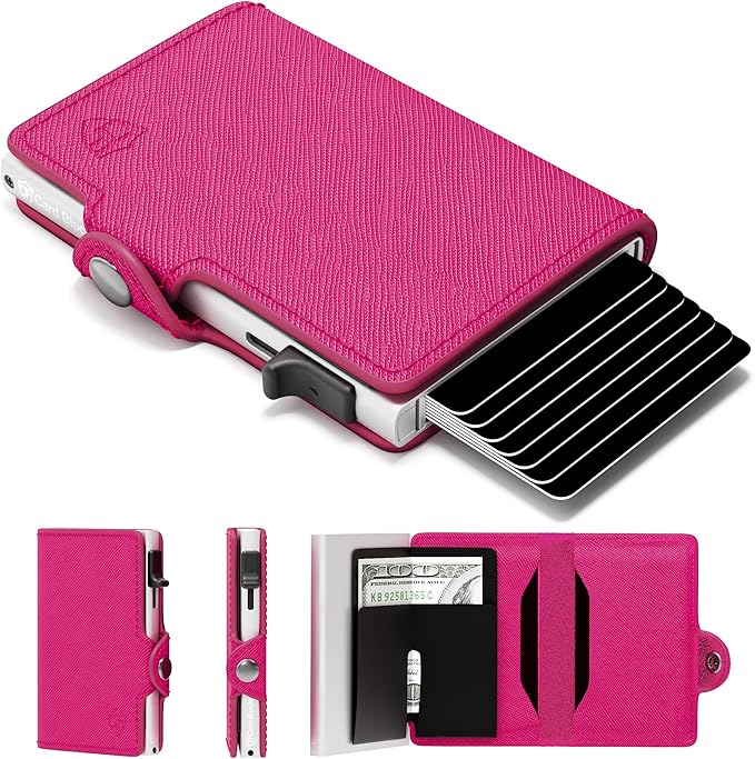 Card Blocr Womens Slim Wallet for Small Purses, Pop Up Wallet with Anti Theft RFID Blocking Credit Card Holder for Women in Pink PU Saffiano