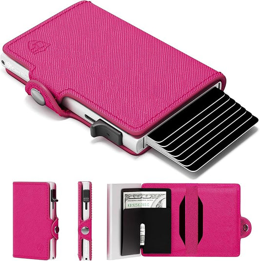 Card Blocr Womens Slim Wallet for Small Purses, Pop Up Wallet with Anti Theft RFID Blocking Credit Card Holder for Women in Pink PU Saffiano