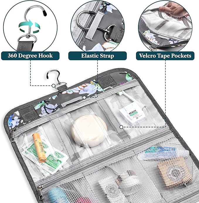 PAVILIA Hanging Toiletry Bag Women Men, Travel Kit Foldable Large Toiletries Organizer, Roll up Cosmetics Makeup Bag Accessories, Waterproof Essentials Jewelry Case (Floral Grey)