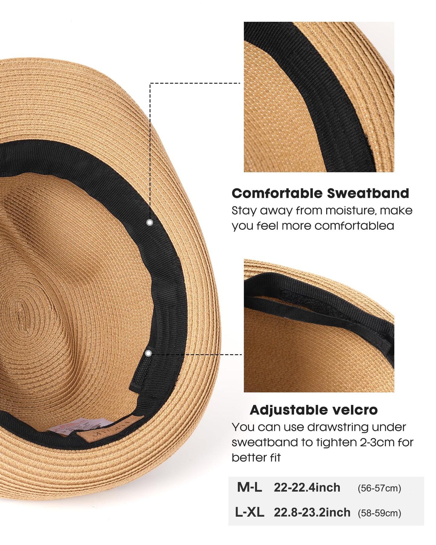 FURTALK Fedora Straw Sun Hat for Men Women Short Brim Panama Beach Hat UPF 80+ Khaki