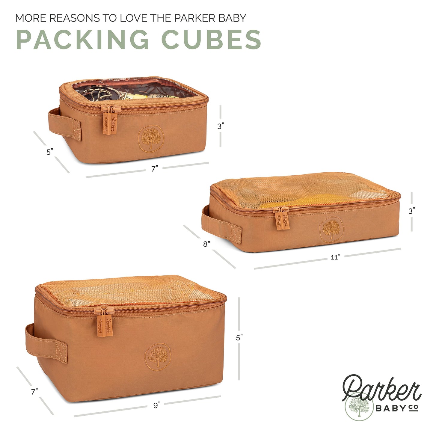 Parker Baby Co. Lightweight Packing Cube Set 3-Pack | Collapsible, Durable, Mesh & Clear Top | Travel Organizer for Diaper Bags, Luggage - Black/Mocha Checker