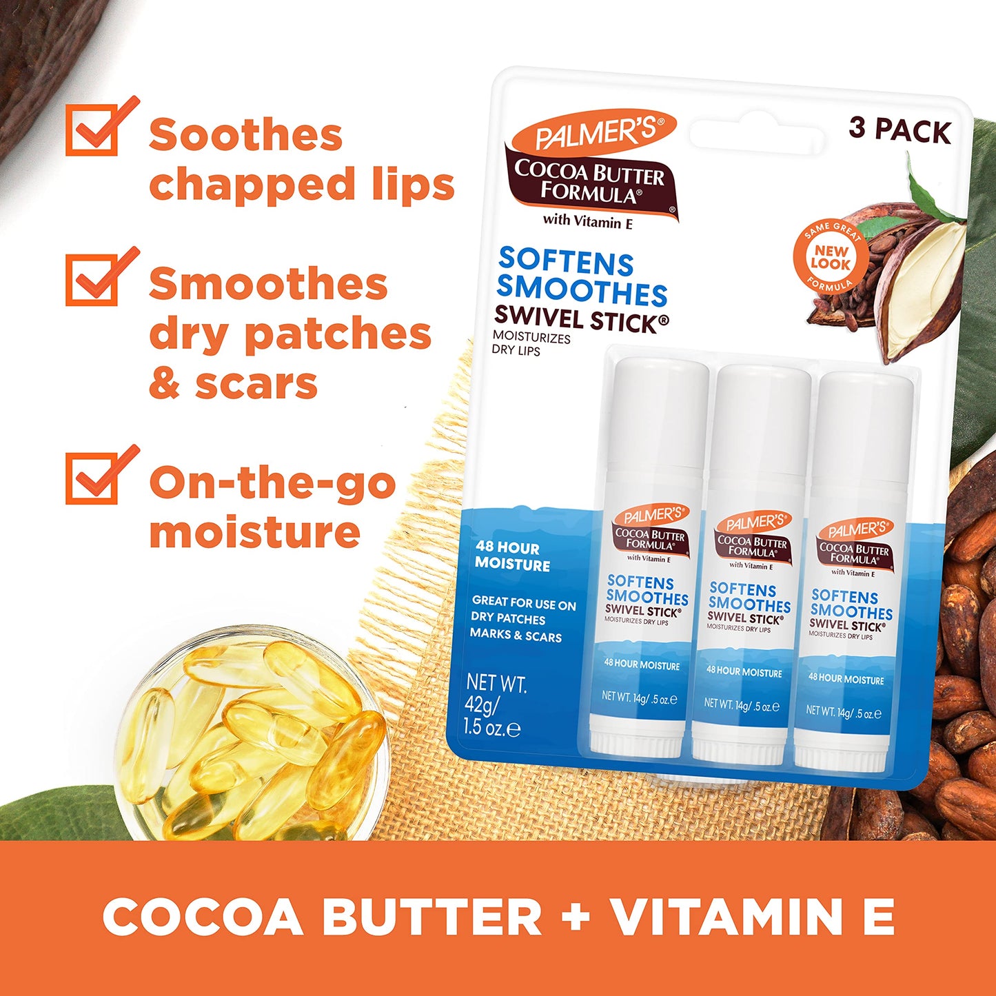 Palmer's Cocoa Butter Formula Moisturizing Swivel Stick with Vitamin E, Lip Balm Stocking Stuffer, Face & Body Moisturizer Stick, Ideal for Treating Dry Skin Patches (Pack of 3)