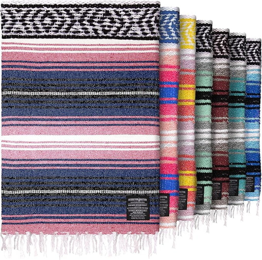 Authentic Large Handwoven Mexican Blanket - Soft Yoga- Durable Serape- Lightweight Falsa, Beach, Camping, Picnic, Outdoor Blanket 70"x50" - Rose Pastel