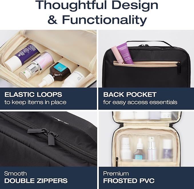 KAZAY Hanging Toiletry Bag with TSA Approved Detachable Pouch, Travel Toiletry Bag, Water Resistant, Premium Nylon, Travel Size Toiletries Cosmetic Bag, Makeup Bag, Unisex (Black)