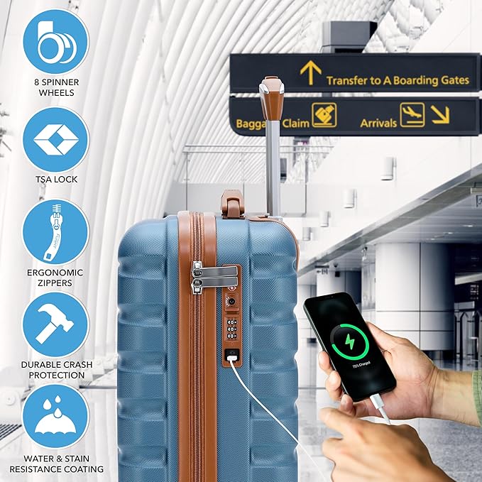 Carry On Suitcase Hardside Built In TSA Lock & USB Port Silent Double Spinner Wheels Maximum Underseat Carry-On Bag For American & United Approved Airlines( 18x14x8" ,Blue/Tan )