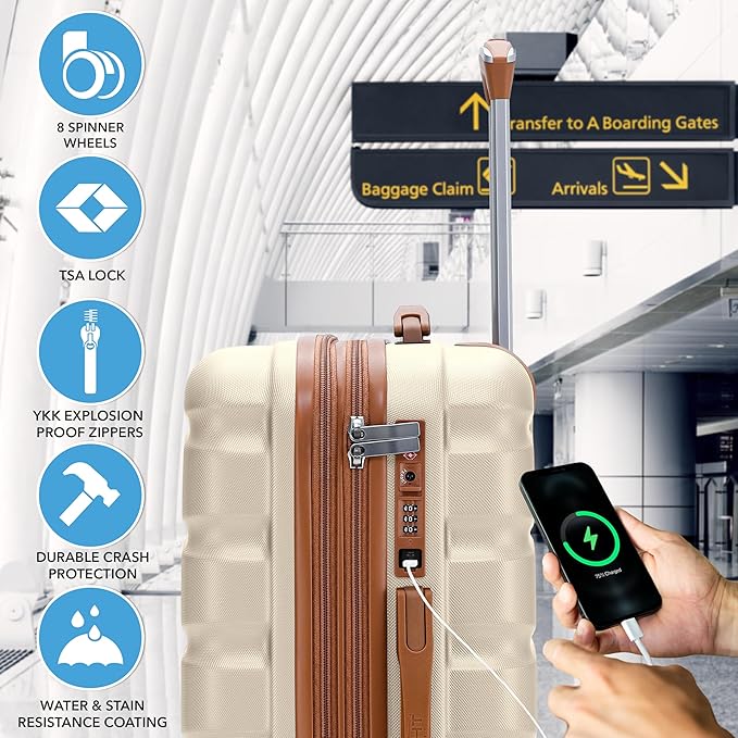 Carry On Suitcase Hardside TSA Lock & USB Port Silent Double Spinner Wheels Maximum Overhead Carry-On Bag Approved For Many Airlines( 22x18x10" ,Cream/Tan )