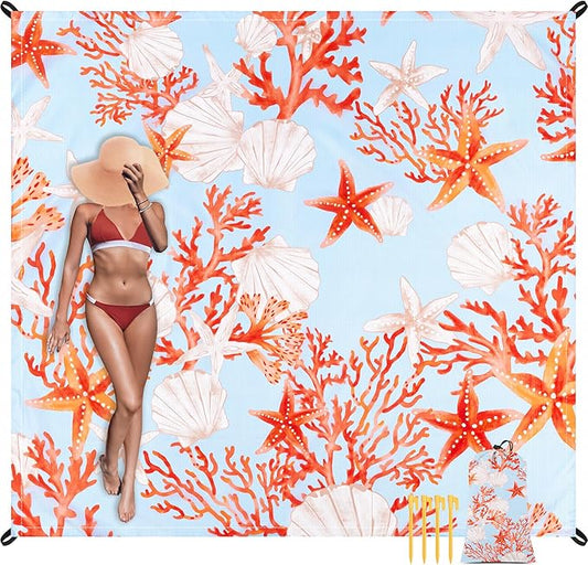 Beach Blanket Waterproof Sandproof, 9 Ft X 10 Ft Extra Large Sand Free Beach Mat, Big Compact Lightweight Quick Drying Picnic Blanket with 4 Stakes & Pockets for Camping, Travel, Hiking