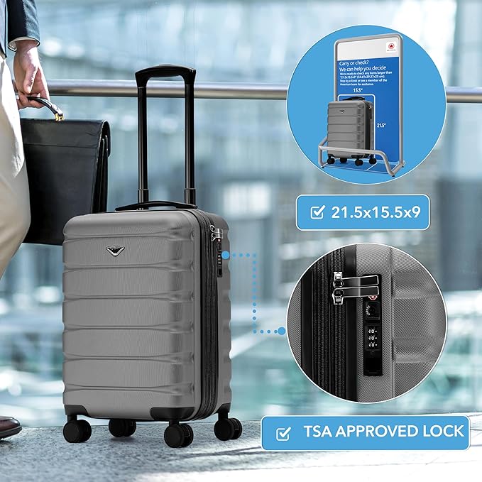Carry On Suitcase Hardside TSA Lock & USB Port Silent Double Spinner Wheels Maximum Carry-On Bag For Canada Air Approved Airlines( 21.5x15.5x9" ,Charcoal )