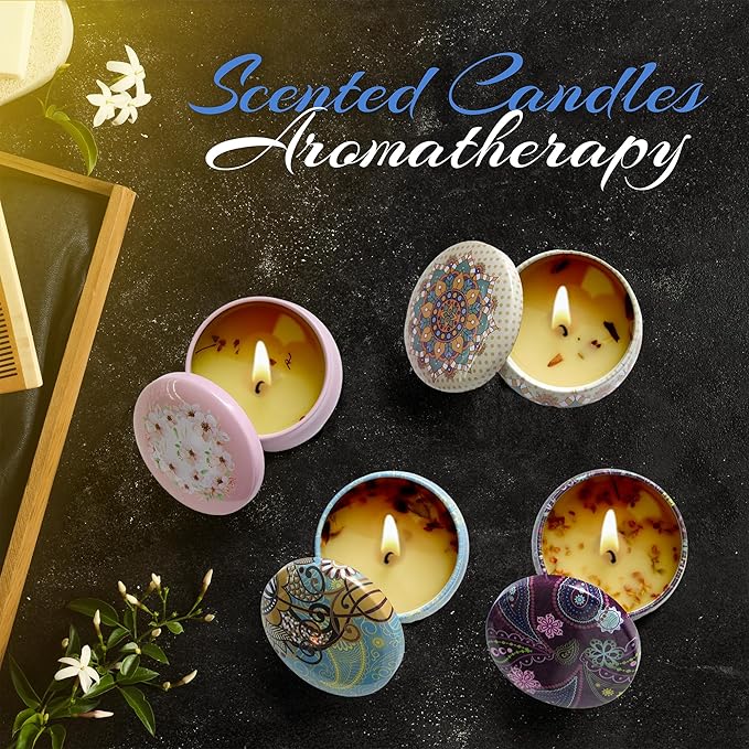 ELEGANTZ Scented Candles Gift Set – 4 Assorted Travel Tin Candles with Flower Petals, Rich Fragrance for Aromatherapy, Home Decor – Perfect for Housewarming, Birthdays, Spa, Bath, Meditation