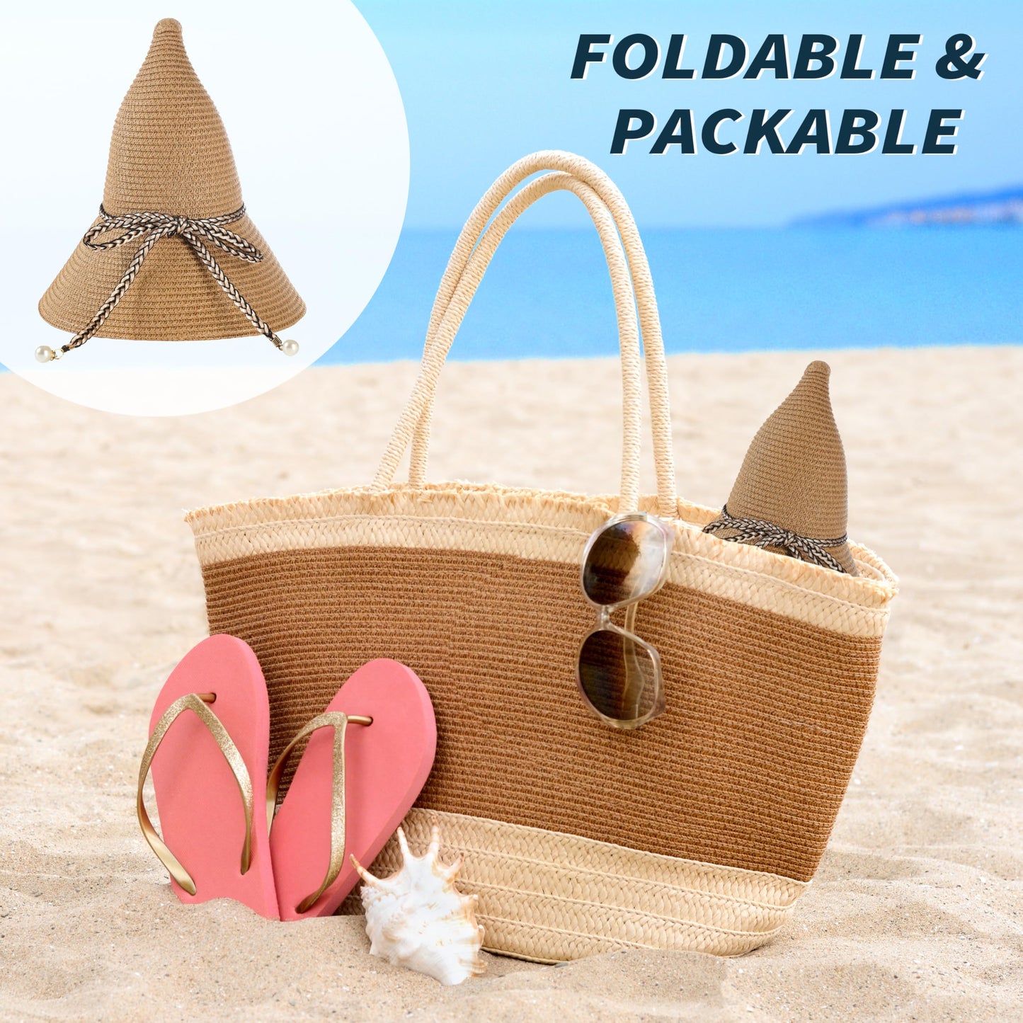 Womens Beach Sun Straw Hat - UV Protection UPF 50+ Sun Hats for Women with Wide Brim, Foldable Floppy Straw Beach Hat for Women