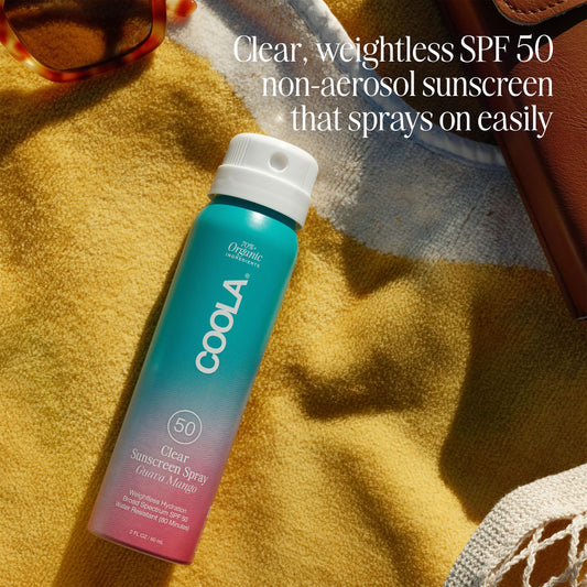 COOLA Organic Sunscreen SPF 50 Sunblock Spray, Dermatologist Tested Skin Care for Daily Protection, Vegan and Gluten Free, Guava Mango, Travel Size, 2 Fl Oz