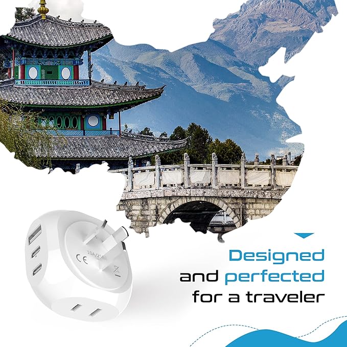 Ceptics Australia, China Travel Adapter - 5 Input with 20W PD-QC 3.1A Dual USB-C and USB - Ultra Compact - Light Weight - USA to Any Type I Countries Such as New Zealand, Argentina and More