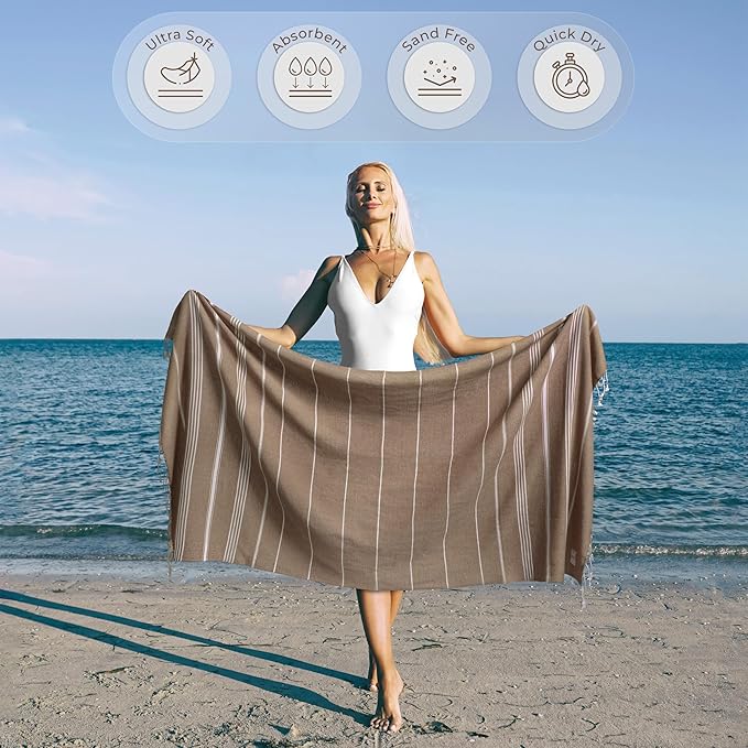 Boho Beach Towel - Quick Dry & Large (39” x 71”), Sand Free, Versatile, and Functional, Works as, Compact Beach Towel, Turkish Towel, Yoga Blanket, Travel Essential - Latte