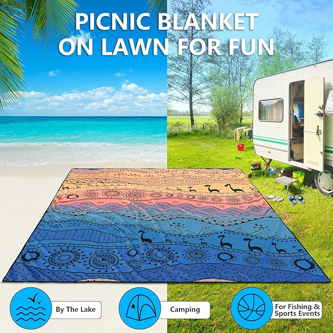 Beach Blanket Waterproof Sandproof Beach Mat 79" X 83"/10'x9'for 2-8 Adults Quick Drying Outdoor Picnic Mat Beach Accessories for Travel, Camping, Hiking