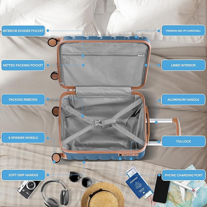 Carry On Suitcase Hardside TSA Lock & USB Port Silent Double Spinner Wheels Maximum Carry-On Bag For Canada Air Approved Airlines( 21.5x15.5x9" ,Blue/Tan )