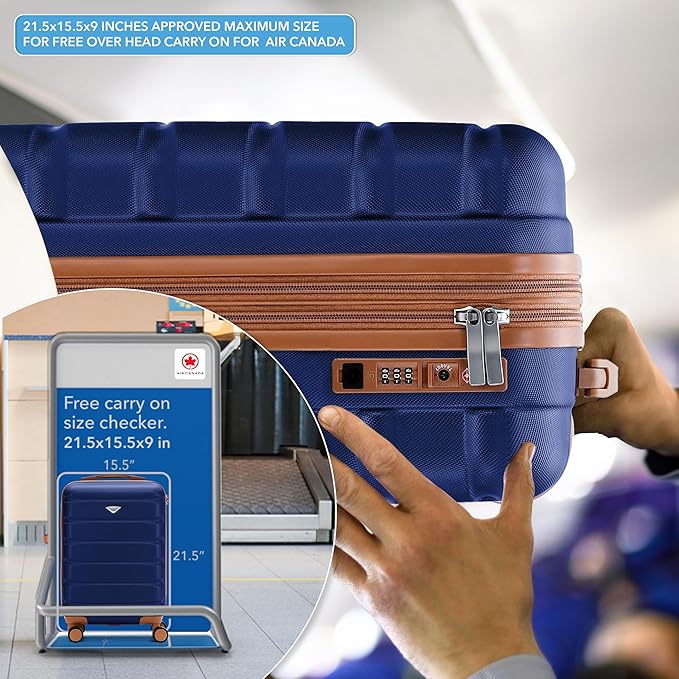 Carry On Suitcase Hardside TSA Lock & USB Port Silent Double Spinner Wheels Maximum Carry-On Bag For Canada Air Approved Airlines( 21.5x15.5x9" ,Navy/Tan )