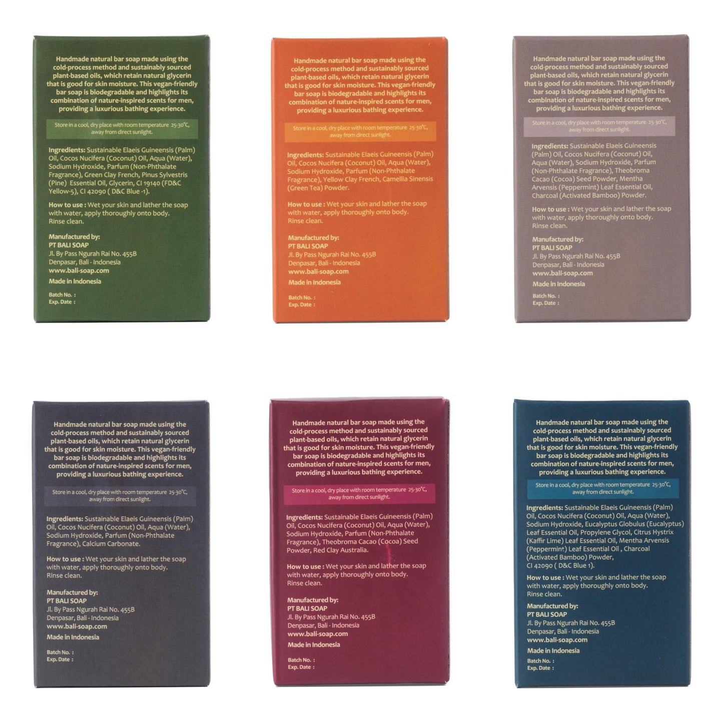 Bali Soap 6-Pack Handmade in Bali, Natural Cold Processed Bar Soap for Daily Use with Plant-Based Oils, Purifying & Refreshing, Vegan