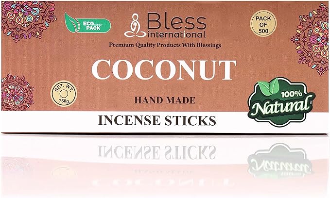 Bless-Coconut 100%-Natural-Handmade-Hand-Dipped-Incense-Sticks Organic-Chemicals-Charcoal-Free Purification-Relaxation-Positivity-Yoga-Meditation Best-Woods-Scent (500 Sticks(26 OZ))
