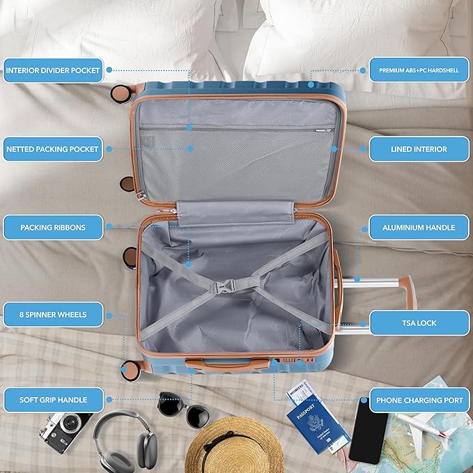 Carry On Suitcase Hardside TSA Lock & USB Port Silent Double Spinner Wheels Maximum Overhead Carry-On Bag Approved For Many Airlines( 22x18x10" ,Blue/Tan )