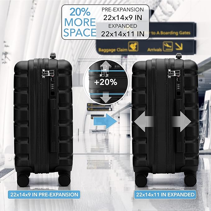 22x14x9" Expandable Carry On Suitcase Hardside TSA Lock USB C Port Lightweight Luggage Silent Double Spinner Wheels Maximum Overhead Carry-On Bag For American & United Approved Airlines
