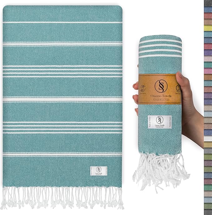 Compact Beach Towel - Sand Free & Compact, Oversized (39” x 71”), Quick Dry, Lightweight, and Functional, Perfect as Striped Blanket, Turkish Towel, Pool Towel - Oil Blue