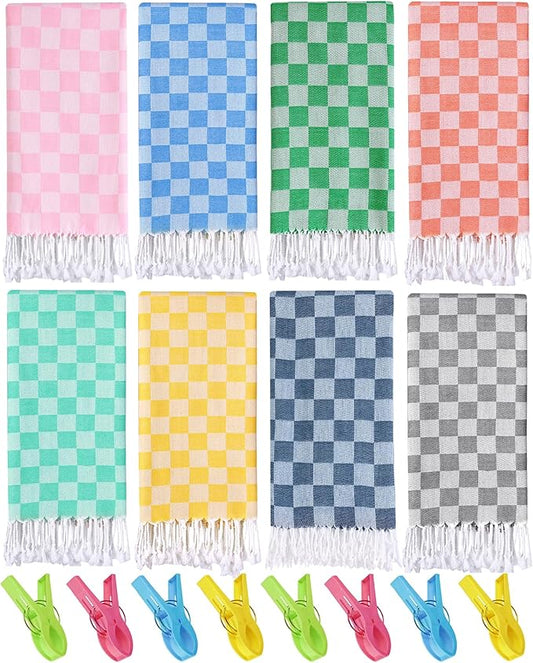 8 Packs Turkish Beach Towel Blanket Set Pool Bath Towels Bulk Multipack Travel Sand Free Quick Dry Extra Large Oversized Cute Big Cotton Soft Lightweight Compact Checkered Proof Cloud Men Women Adult