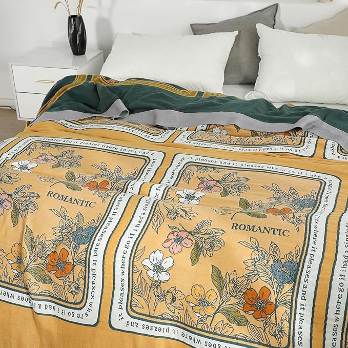 Boho Throw Blanket for Bed 100% Cotton Ultra Soft Rustic Quilt Fall Blanket Floral Printed Farmhouse Decor Bed Blankets,80"×90" All Season Rustic Throw for Sofa Couch Chair