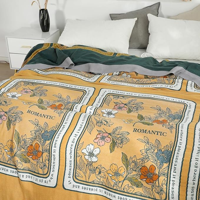 Boho Throw Blanket for Bed 100% Cotton Ultra Soft Rustic Quilt Fall Blanket Floral Printed Farmhouse Decor Bed Blankets,60"×80" All Season Rustic Throw for Sofa Couch Chair